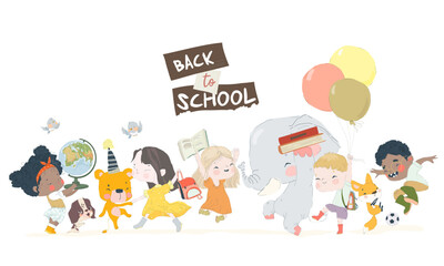 Cartoon Happy Children and Animals enjoying Back to School