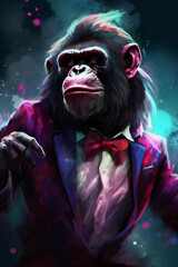 Digital Painting eines fröhlichen funky Affen im Party Outfit. Hochformat. Generative Ai.