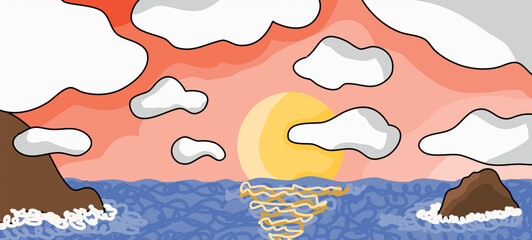 Vector colorful background illustration: Sea sunset with many clouds and some rocks