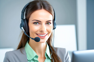 Portrait of call center woman with headset in modern office. Contact us form image. Hotline operator.