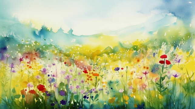 Watercolor painting of lush blooming summer meadow with colorful wildflowers. Beautiful artistic image for wallpaper, art print, background design. Generative AI. © Aul Zitzke