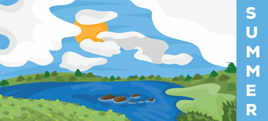 Fototapeta na wymiar Vector colorful countryside background illustration: Clear river with some rocks, sun is hiding behind big clouds