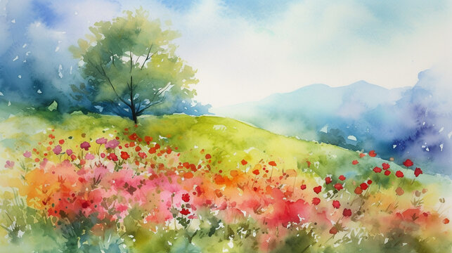 Watercolor painting of scenic summer landscape with colorful blooming flowers and green meadow under vivid blue sky. Beautiful artistic image for poster, wallpaper, art print etc. Generative AI.