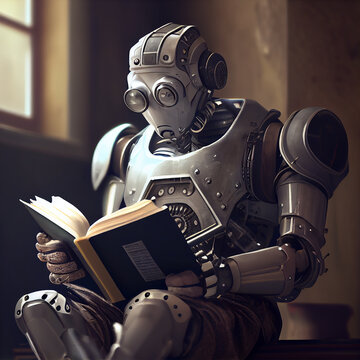 humanoid robot reads a book in the library