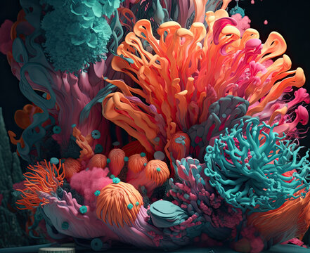 Corais e algas coloridos 3D