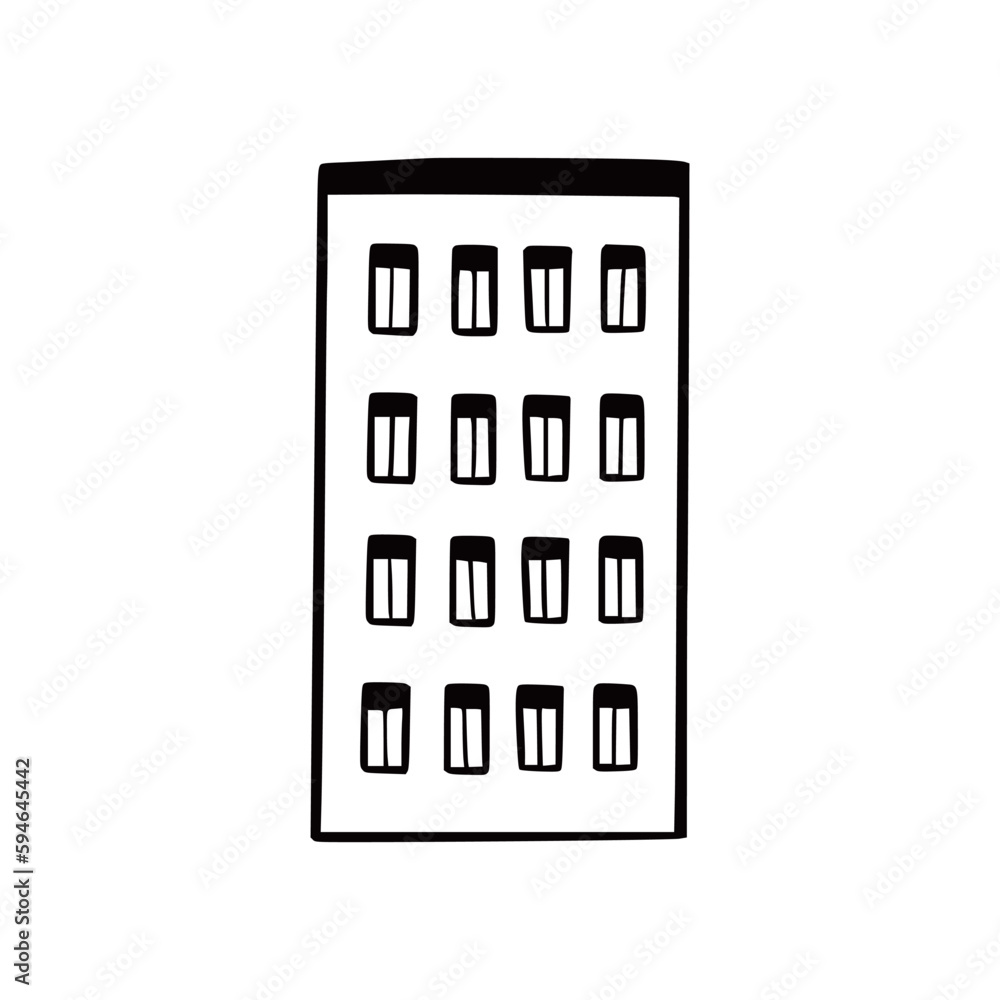 Sticker Doodle building. Hand drawn sketch style home. House building with window, roof. Vector illustration for building icon.