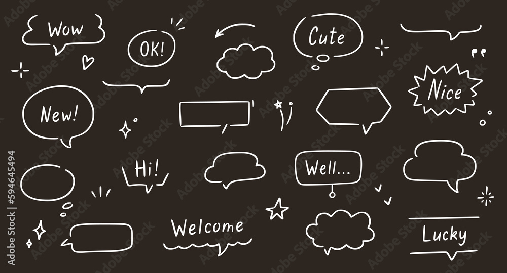 Poster Balloon text frame decoration set chalkboard background. Simple hand drawn pen line speech bubble, cloud, balloon frame for text border. Doodle elegant dialog bubble. Vector illustration