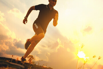 Silhouette of young man running sprinting on road. Fit runner fitness runner during outdoor workout.