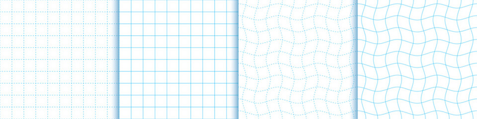Set of blue and white graph paper with straight and wavy dash line, geometric square and grid pattern for school, wallpaper, backdrop, book vector.