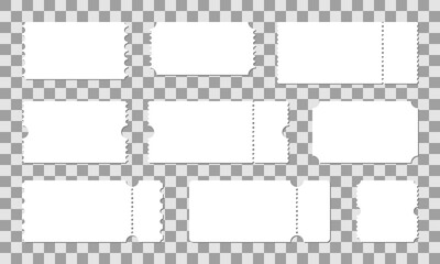 Vector plain white coupon ticket set, blank label template for text, pricing isolated on transparent background.