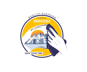 Cleaning company logo in the form of a hand wiping glass with mountains and sun. EPS10.