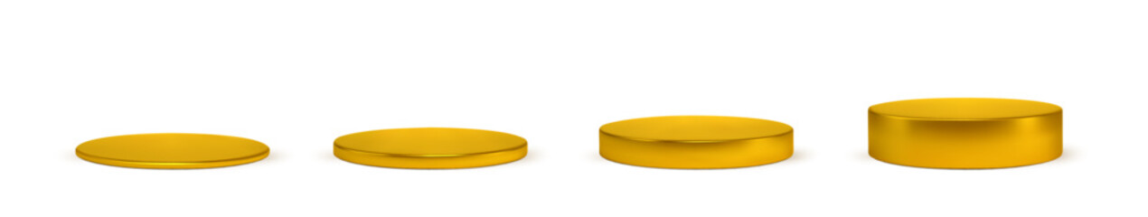 Set golden podium base platform different heights. 3d round gold blank stand pedestal for product presentation.Vector cylinder shape. Podium mockup realistic illustration