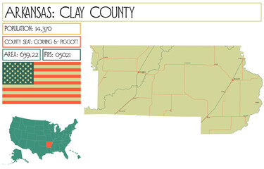 Large and detailed map of Clay County in Arkansas, USA.