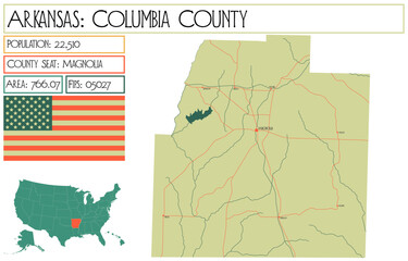 Large and detailed map of Columbia County in Arkansas, USA.