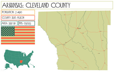 Large and detailed map of Cleveland County in Arkansas, USA.