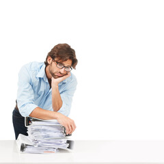Stress, thinking and man with stack of paperwork isolated a on transparent png background. Burnout,...