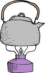 Tea pot, water boiler. Hand drawn camping tool. Equipment for food preparing. Hiking and active leisure. Outline doodle illustration