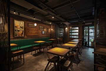 Fototapeta na wymiar Modern interior of a cozy cafe with furniture and decor. Generative AI