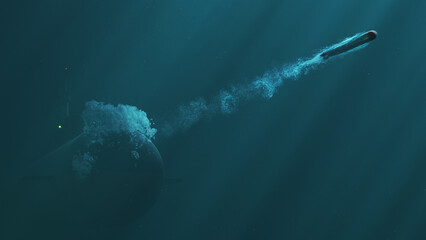 Atomic submarine launch torpedo underwater - obrazy, fototapety, plakaty