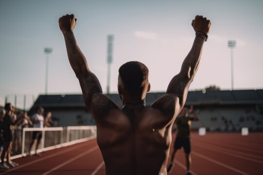 An Athlete Man Raising His Arms In The Air In Sign Of Cuccess Or Winning. AI Generative Image.