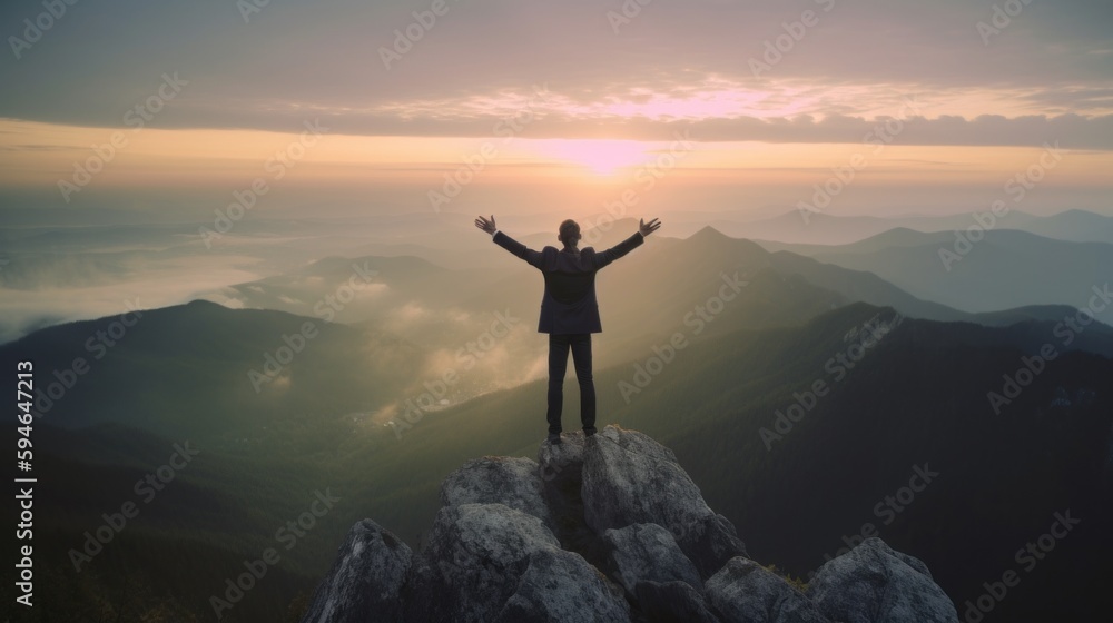 Poster a man standing on top of a mountain with his arms wide open. ai generative image.