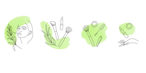 Eco beauty salon logo. Ecological makeup or hairdressing studio, eyelash extension logotype. Line hand and woman face, green watercolor drops. Various bio cosmetics badge. Vector isolated emblem set