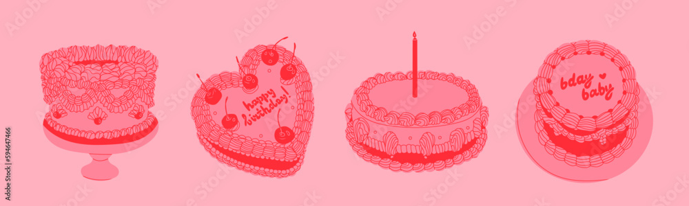 Wall mural Set of red Cakes with candle, cherry, cream, text. Retro style. Sweet tasty food. Hand drawn Vector illustration. Isolated design elements. Party, wedding, anniversary, celebration, birthday concept