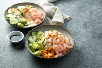 Homemade poke bowl with shrimps