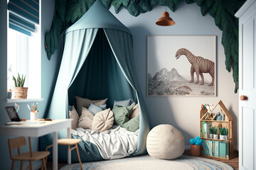 Kids bedroom in blue colors. Cozy kids room interior, scandinavian nordic design with light garlands and soft pillows, tent canopy bed. Children room in evening with lights on. AI generated