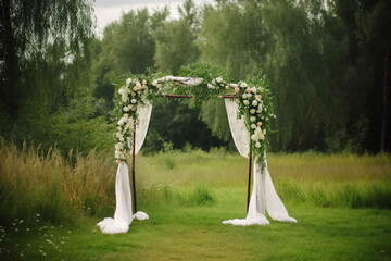 Beautiful romantic rustic festive wedding arch, floral roses decorations for outdoor ceremony in green park. Wedding setting, wedding ceremony on the green lawn. AI generated image