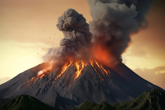 Volcano eruption. AI generated volcanic eruption with lava going down.