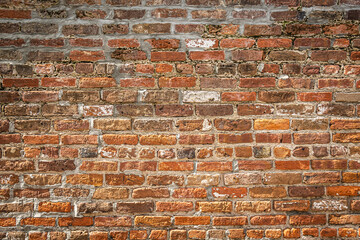 A blank red brick wall that is heavily weathered with plenty of copy space