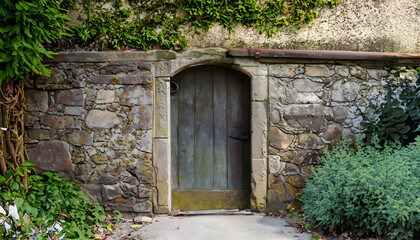 Fototapeta na wymiar old stone house, An old weathered door in a stone wall leading to a secret garden, Ai generated 