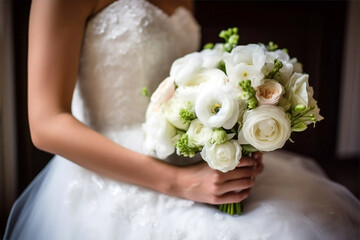 Wedding day background, midsection of a bride holding a wedding bouquet, spring white flowers for a special day. AI generated image
