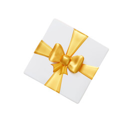 3d White gift box with gold bow. Top view. 