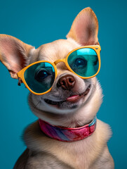 Small happy smiling Terrier Chihuahua dog with glasses on a plain wall in a studio