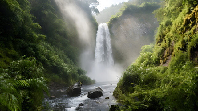 A cascading waterfall plunges down a rugged cliff, with mist and spray creating a dreamlike atmosphere that is both refreshing and invigorating.