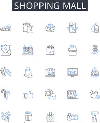 Shopping mall line icons collection. Grocery store, Department store, Supermarket, Bazaar market, Flea market, Trading center, Discount store vector and linear illustration. Boutique mall,Hypermarket