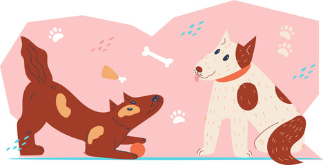 Cute funny dogs at colorful backdrop for veterinary service or pet shop banner.