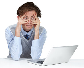 Stress, laptop hands on face of man with anxiety on isolated, transparent and png background. Panic attack, mistake and corporate employee with guilt, pressure or frustrated by online, glitch or 404