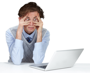 Stress, laptop hands on face of man with anxiety on isolated, transparent and png background. Panic attack, mistake and corporate employee with guilt, pressure or frustrated by online, glitch or 404