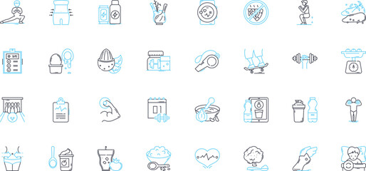 Physical fitness linear icons set. Exercise, Workout, Stamina, Cardio, Strength, Agility, Flexibility line vector and concept signs. Endurance,Muscle,Health outline illustrations