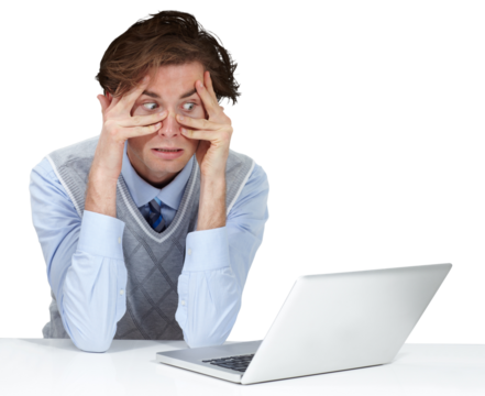 Stress, laptop hands on face of man with anxiety on isolated, transparent and png background. Panic attack, mistake and corporate employee with guilt, pressure or frustrated by online, glitch or 404