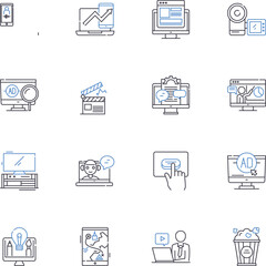 Film industry line icons collection. Hollywood, Cinema, Blockbuster, Oscar, Sequel, Director, Screenplay vector and linear illustration. Premiere,Red-carpet,Acting outline signs set