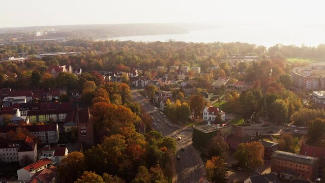 Drone at standstill with a view of Neubrandenburg and the famous "Tollensesee".