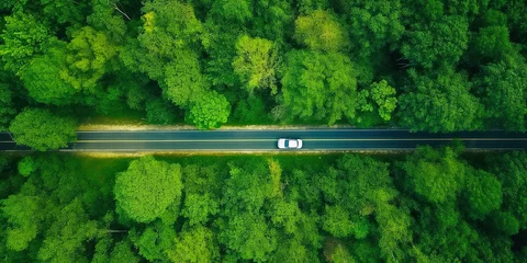 Tuinposter Aerial view asphalt road and green forest, Forest road going through forest with car adventure view from above, Ecosystem and ecology healthy environment concepts and background. © Katynn