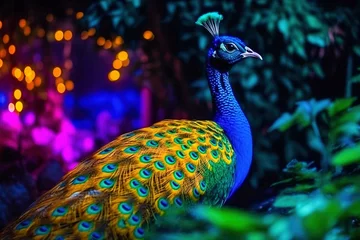Fototapeten Close up of colorful beautiful peacock in jungle at night time with neon glow. Digital ai art © Katynn