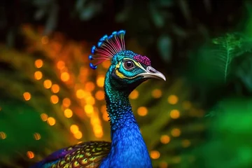 Tuinposter Close up of colorful beautiful peacock in jungle at night time with neon glow. Digital ai art © Katynn