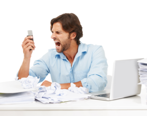Phone call, shout and angry business man yelling about bad tech or communication problem. Administration stress, paperwork or male accountant with anger isolated on a transparent, png background