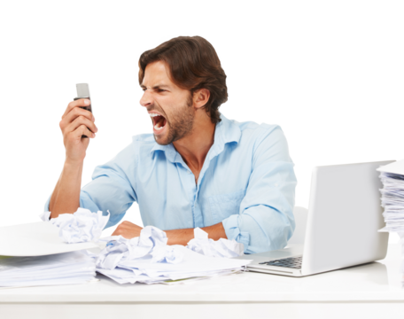 Phone call, shout and angry business man yelling about bad tech or communication problem. Administration stress, paperwork or male accountant with anger isolated on a transparent, png background